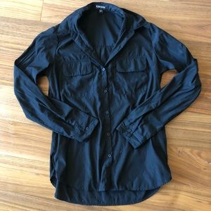 Express Collared Black Button Down Blouse with Breast Pockets